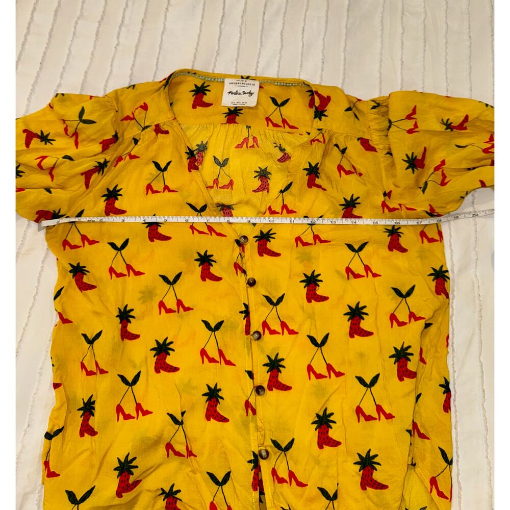 Anthropologie Button Down Front Tie Blouse Yellow Women’s 2 Festival Boho Fruit - Picture 11 of 16